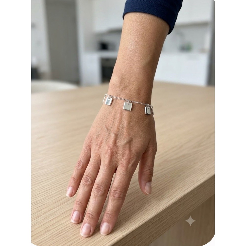 Genuine Sterling Silver .925 Square Tag Link Bracelet - Adjustable & Dainty
